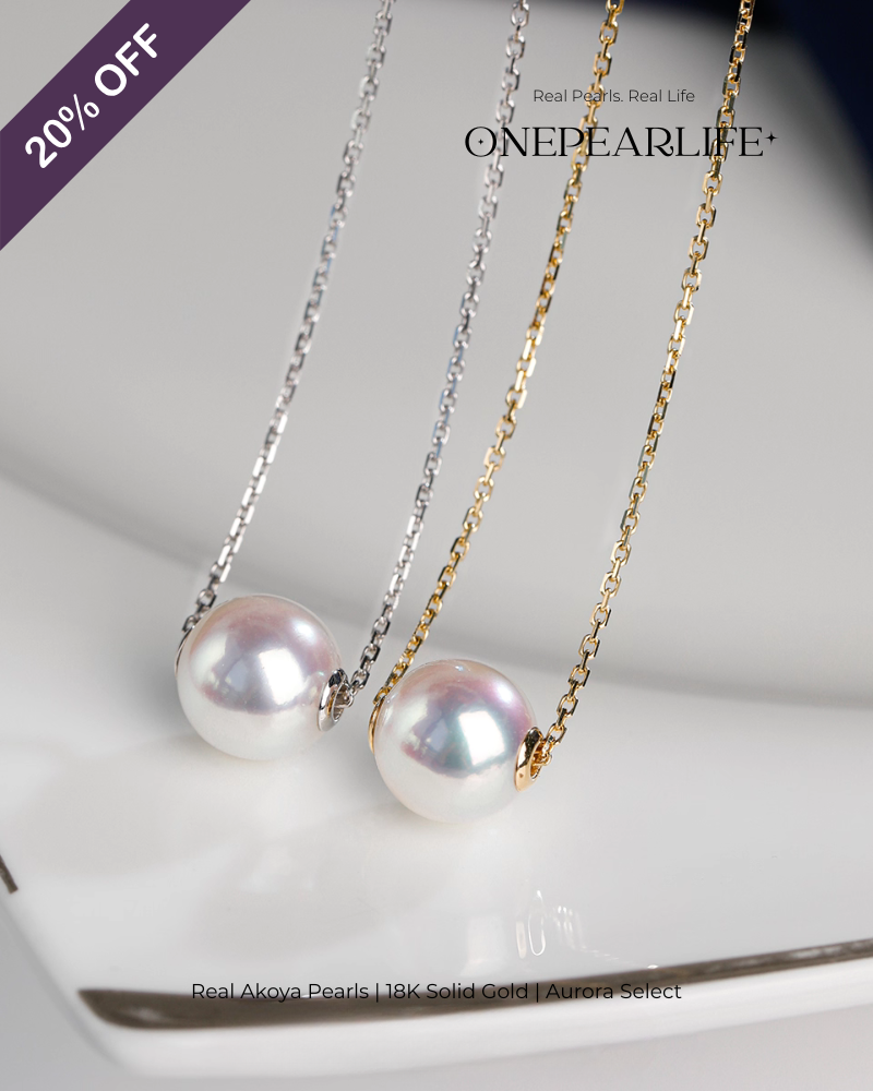 Hikaru – Natural Akoya White Pearl Pendant Necklace | 18K Gold (White or Yellow) | 8–8.5mm
