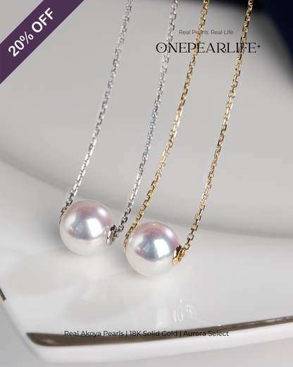Hikaru – Natural Akoya White Pearl Pendant Necklace | 18K Gold (White or Yellow) | 8–8.5mm