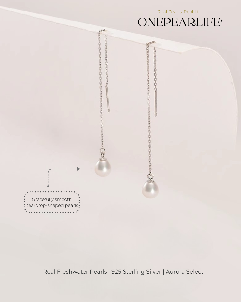Liora – AAA Quality Natural White Freshwater Teardrop Pearl Threader Earrings | 7–7.5mm | 925 Sterling Silver