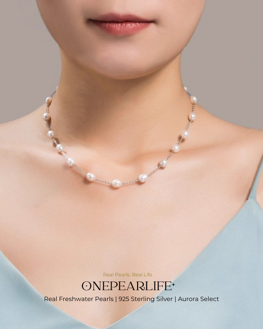 Aria – AAA Quality Natural Rice-Shaped Freshwater Pearl Station Necklace | 6–7mm | 925 Sterling Silver