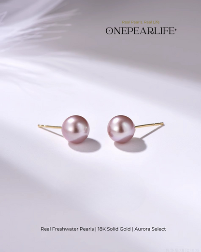 Lyra – AAA Quality Natural Freshwater Purple Pearl Stud Earrings | 7–7.5mm | 18K Gold