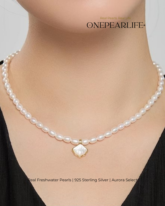 Marina – AAA Quality Rice-Shaped Aurora Natural Freshwater Pearl Shell Pendant Necklace | 4–4.5mm | 925 Sterling Silver