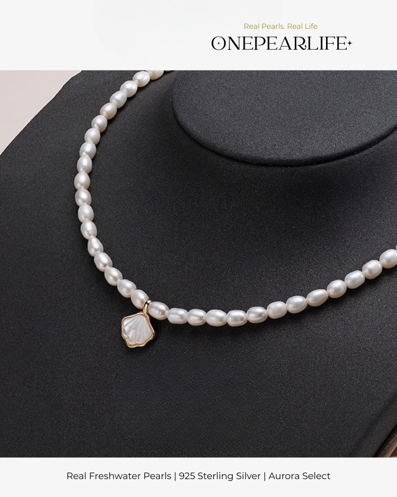 Marina – AAA Quality Rice-Shaped Aurora Natural Freshwater Pearl Shell Pendant Necklace | 4–4.5mm | 925 Sterling Silver