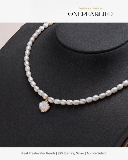 Marina – AAA Quality Rice-Shaped Aurora Natural Freshwater Pearl Shell Pendant Necklace | 4–4.5mm | 925 Sterling Silver