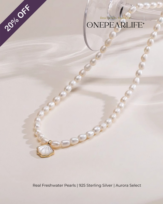 Marina – AAA Quality Rice-Shaped Aurora Natural Freshwater Pearl Shell Pendant Necklace | 4–4.5mm | 925 Sterling Silver