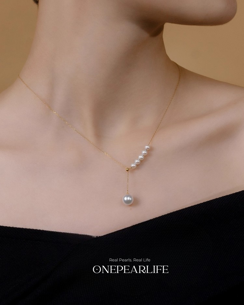 MermaidTear – AAA+ Quality Japanese Akoya Pearl Y-Shaped Necklace | 8–8.5mm | 18K Solid Gold Onepearlife