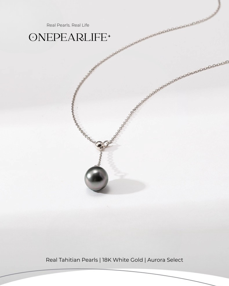 Noctis – AAA+ Quality Natural Oval Tahitian Black Pearl Teardrop Pendant Necklace | 18K White Gold | 8-9mm
