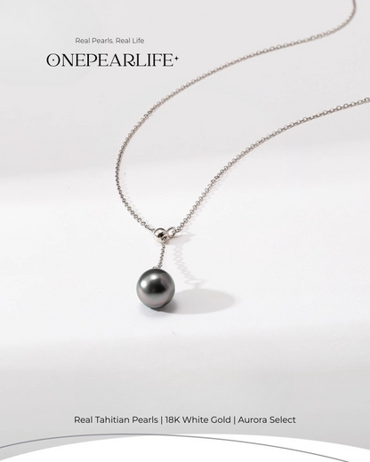 Noctis – AAA+ Quality Natural Oval Tahitian Black Pearl Teardrop Pendant Necklace | 18K White Gold | 8-9mm
