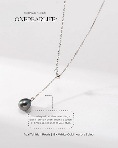 Noctis – AAA+ Quality Natural Oval Tahitian Black Pearl Teardrop Pendant Necklace | 18K White Gold | 8-9mm
