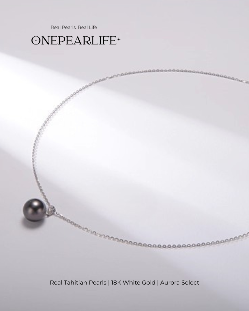 Noctis – AAA+ Quality Natural Oval Tahitian Black Pearl Teardrop Pendant Necklace | 18K White Gold | 8-9mm