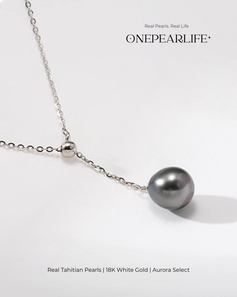 Noctis – AAA+ Quality Natural Oval Tahitian Black Pearl Teardrop Pendant Necklace | 18K White Gold | 8-9mm