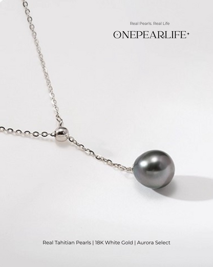 Noctis – AAA+ Quality Natural Oval Tahitian Black Pearl Teardrop Pendant Necklace | 18K White Gold | 8-9mm