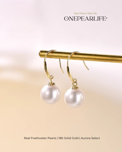 Nora – AAA Quality Natural Freshwater White Pearl Hook Earrings | 7–7.5mm | 18K Gold