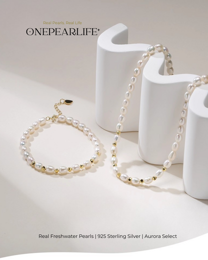 Pavelle – Rice-Shaped Freshwater Pearl Jewelry Set | Necklace & Bracelet (4–5mm, 18K Gold Vermeil)