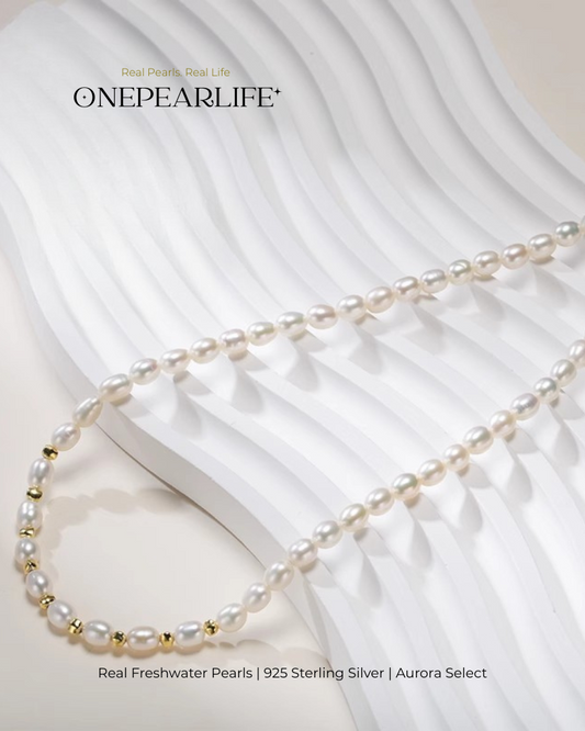 Pavelle – Rice-Shaped Freshwater Pearl Jewelry Set | Necklace & Bracelet (4–5mm, 18K Gold Vermeil)