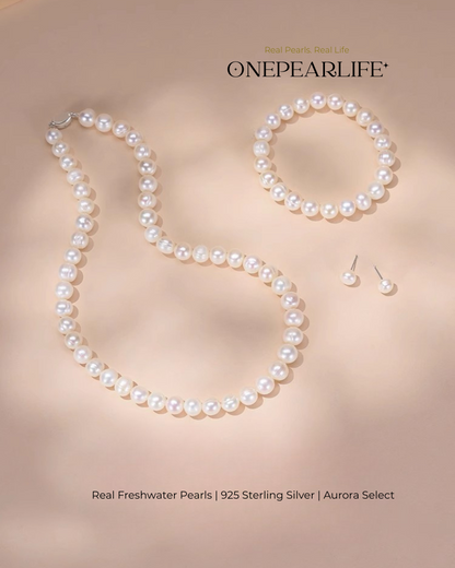 Pavise – AAA Quality Freshwater Pearl 3-Piece Jewelry Set | Necklace, Bracelet & Stud Earrings (6–7.5mm)
