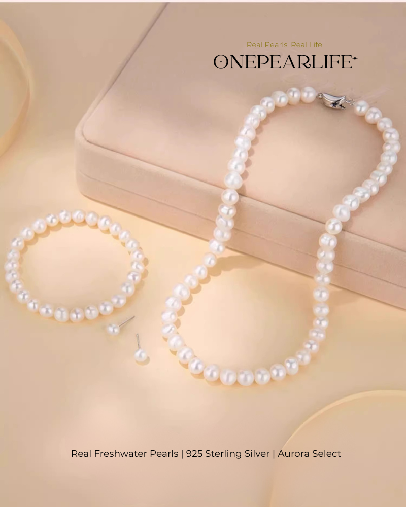 Pavise – AAA Quality Freshwater Pearl 3-Piece Jewelry Set | Necklace, Bracelet & Stud Earrings (6–7.5mm)