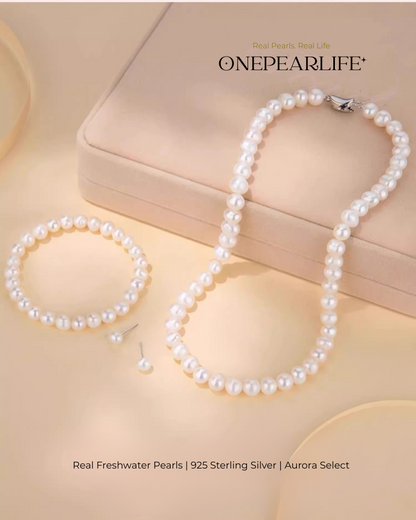 Pavise – AAA Quality Freshwater Pearl 3-Piece Jewelry Set | Necklace, Bracelet & Stud Earrings (6–7.5mm)