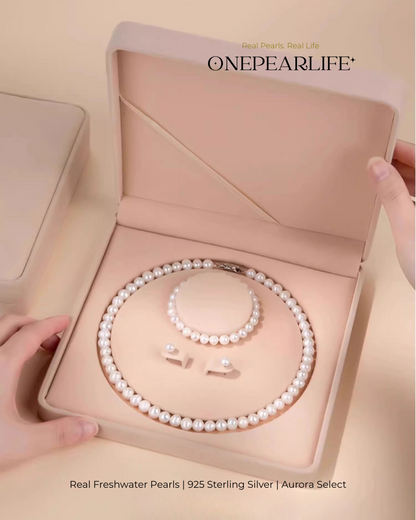 Pavise – AAA Quality Freshwater Pearl 3-Piece Jewelry Set | Necklace, Bracelet & Stud Earrings (6–7.5mm)