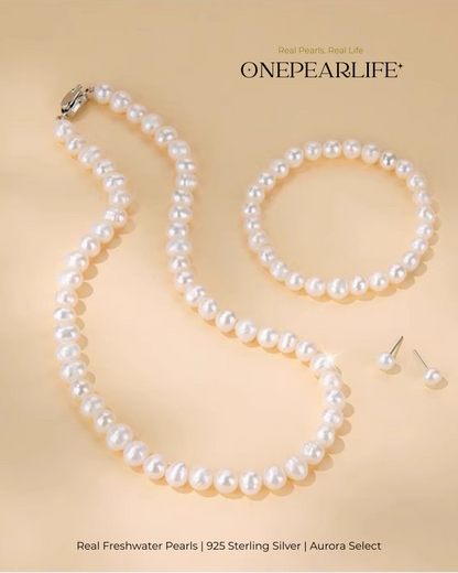 Pavise – AAA Quality Freshwater Pearl 3-Piece Jewelry Set | Necklace, Bracelet & Stud Earrings (6–7.5mm)
