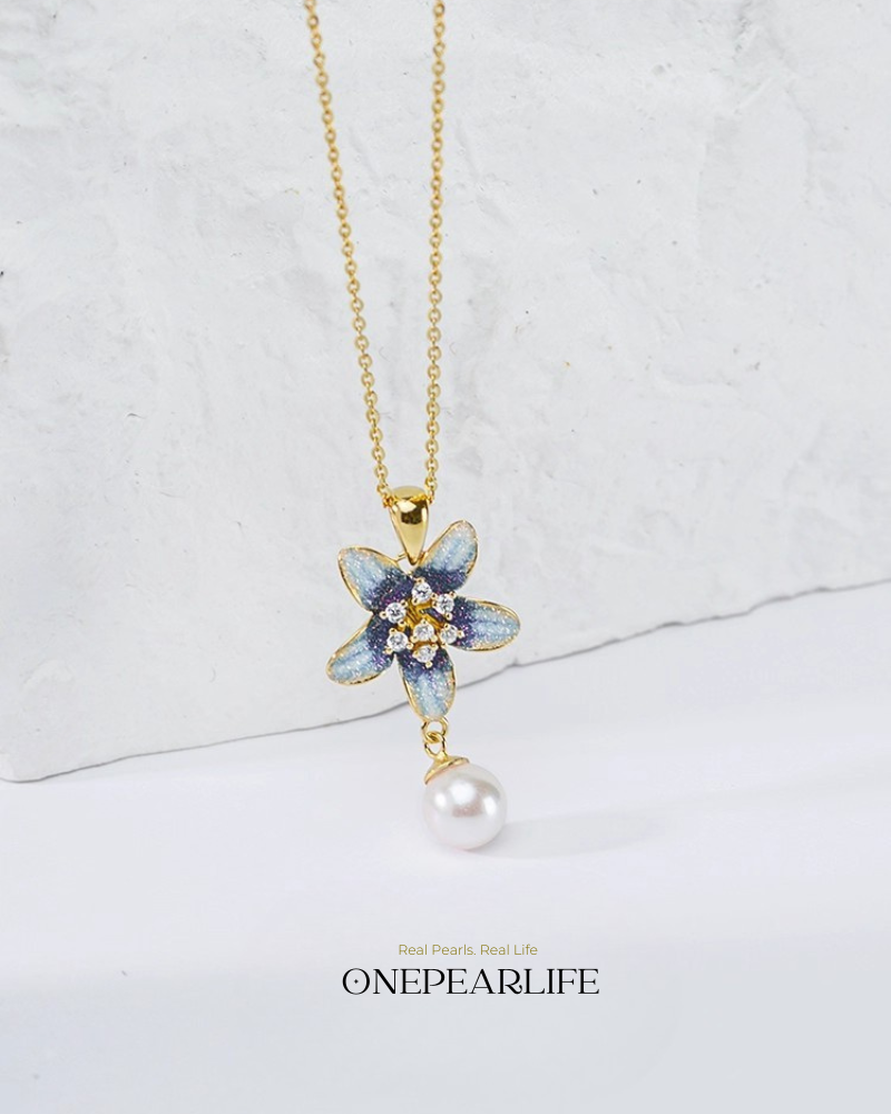Bloomora – AAA Quality Natural Freshwater Pearl Enamel Blossom Pendant | 7–7.5mm | 18K Gold Vermeil Onepearlife