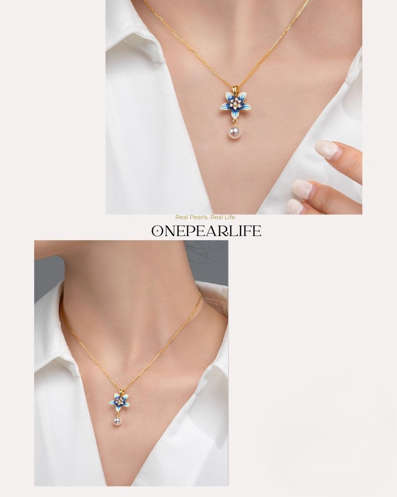 Bloomora – AAA Quality Natural Freshwater Pearl Enamel Blossom Pendant | 7–7.5mm | 18K Gold Vermeil Onepearlife