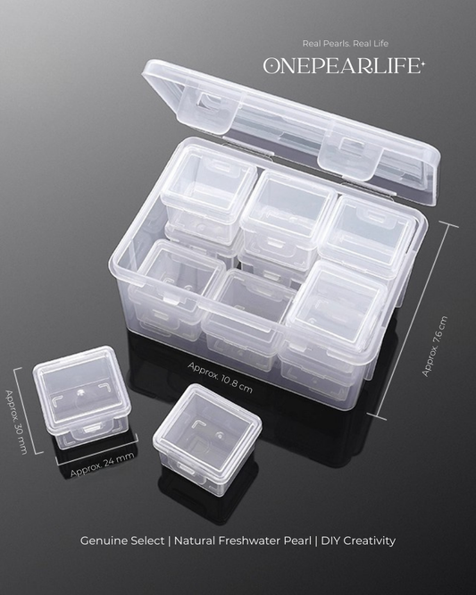 Clear plastic storage box with compartments on a dark background, featuring the brand 'ONEPEARLIFE'.