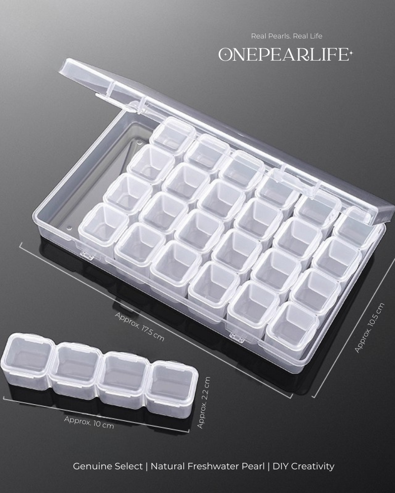 Clear jewelry organizer with compartments on a black background, featuring the brand 'ONEPEARLIFE'.