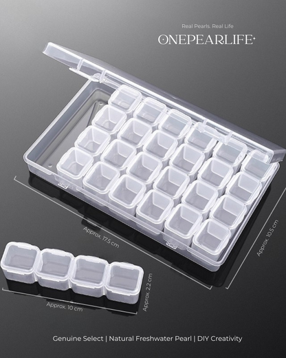Clear jewelry organizer with compartments on a black background, featuring the brand 'ONEPEARLIFE'.