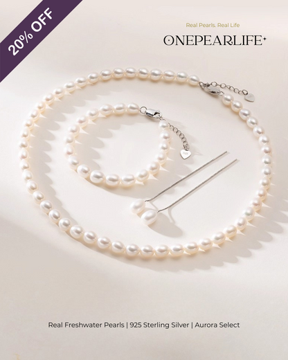 Seraphina – AAA Quality Freshwater Rice-Shaped Pearl Jewelry Three Set (Necklace | Bracelet | Earrings | 7–8mm) | 925 Sterling Silver