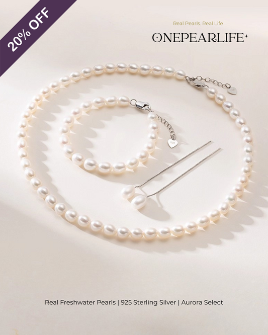 Seraphina – AAA Quality Freshwater Rice-Shaped Pearl Jewelry Three Set (Necklace | Bracelet | Earrings | 7–8mm) | 925 Sterling Silver
