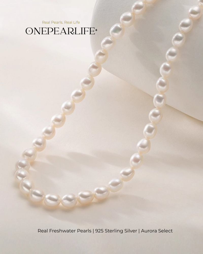 Seraphina – AAA Quality Freshwater Rice-Shaped Pearl Jewelry Three Set (Necklace | Bracelet | Earrings | 7–8mm) | 925 Sterling Silver