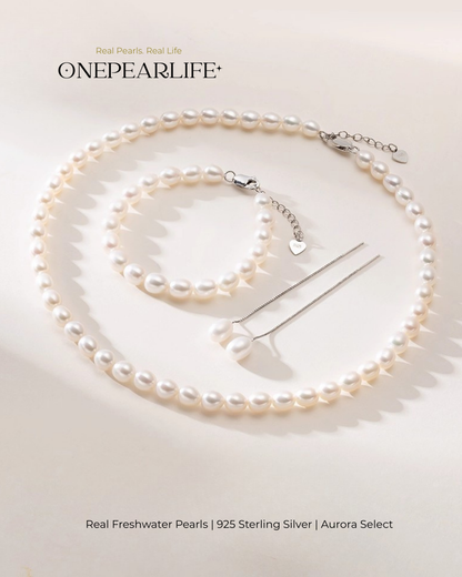 Seraphina – AAA Quality Freshwater Rice-Shaped Pearl Jewelry Three Set (Necklace | Bracelet | Earrings | 7–8mm) | 925 Sterling Silver
