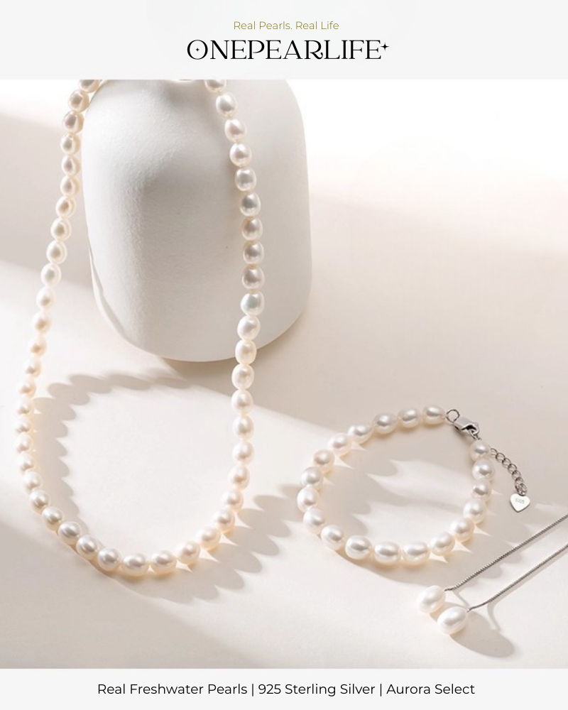 Seraphina – AAA Quality Freshwater Rice-Shaped Pearl Jewelry Three Set (Necklace | Bracelet | Earrings | 7–8mm) | 925 Sterling Silver