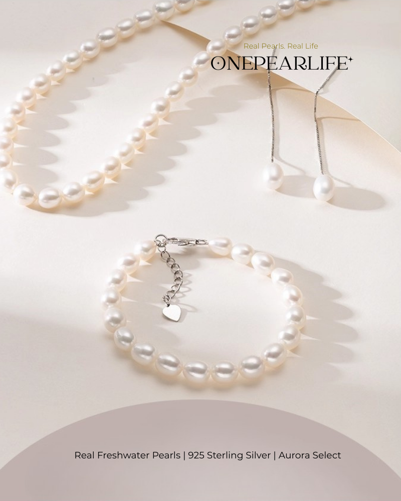 Seraphina – AAA Quality Freshwater Rice-Shaped Pearl Jewelry Three Set (Necklace | Bracelet | Earrings | 7–8mm) | 925 Sterling Silver