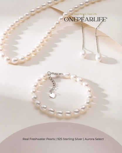 Seraphina – AAA Quality Freshwater Rice-Shaped Pearl Jewelry Three Set (Necklace | Bracelet | Earrings | 7–8mm) | 925 Sterling Silver