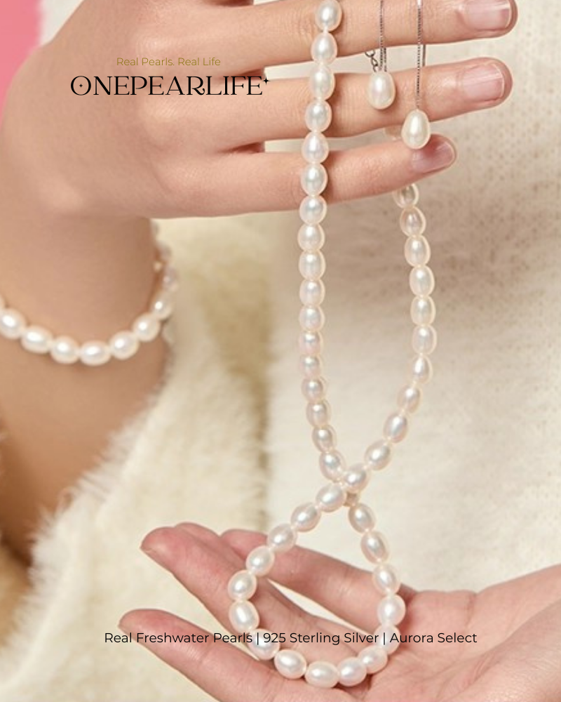 Seraphina – AAA Quality Freshwater Rice-Shaped Pearl Jewelry Three Set (Necklace | Bracelet | Earrings | 7–8mm) | 925 Sterling Silver
