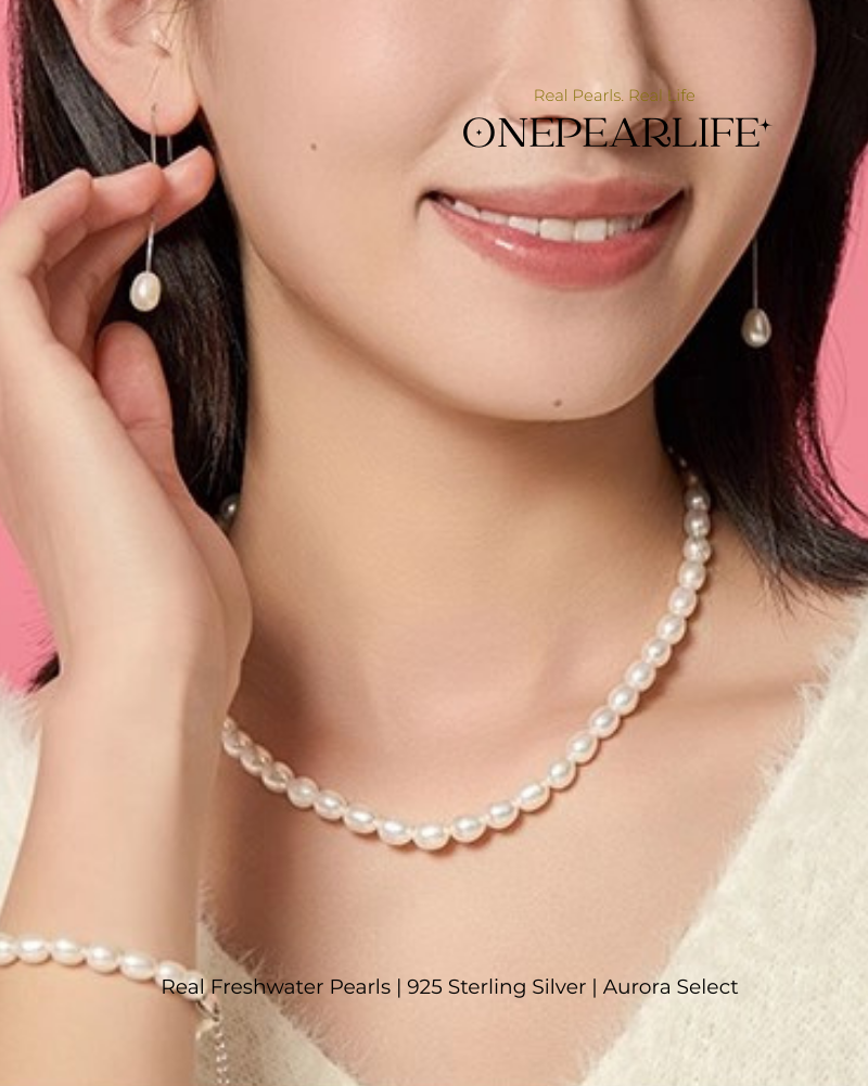 Seraphina – AAA Quality Freshwater Rice-Shaped Pearl Jewelry Three Set (Necklace | Bracelet | Earrings | 7–8mm) | 925 Sterling Silver