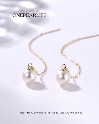 Seren – AAA Quality Natural Freshwater White Pearl Threader Earrings | 7–7.5mm | 18K Gold