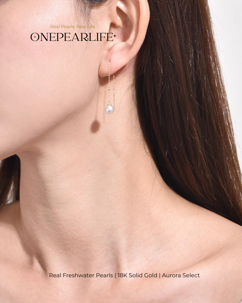 Seren – AAA Quality Natural Freshwater White Pearl Threader Earrings | 7–7.5mm | 18K Gold