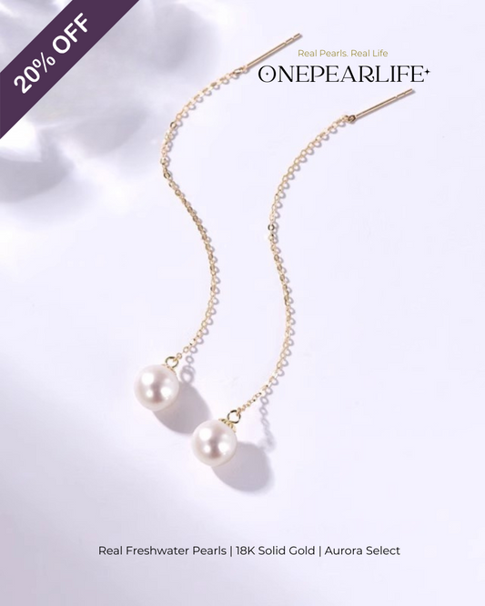 Seren – AAA Quality Natural Freshwater White Pearl Threader Earrings | 7–7.5mm | 18K Gold