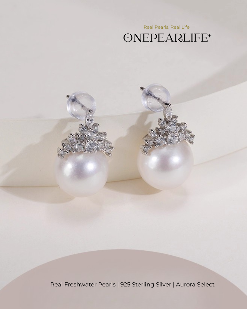 Shira – AAA Quality Natural Freshwater White Shimmer Pearl Earrings | 9–9.5mm | 925 Sterling Silver