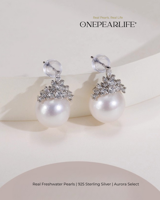 Shira – AAA Quality Natural Freshwater White Shimmer Pearl Earrings | 9–9.5mm | 925 Sterling Silver