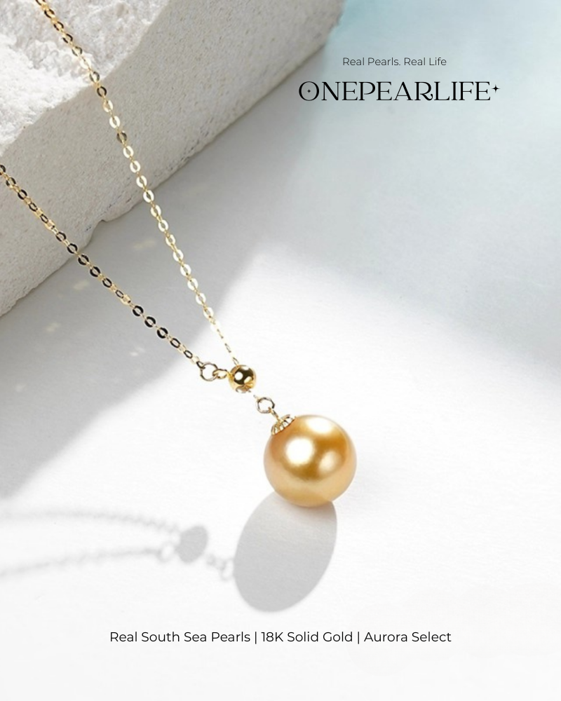 Solstice – Natural South Sea Golden Round Pearl Pendant Necklace | 18K Gold | 9–9.5mm