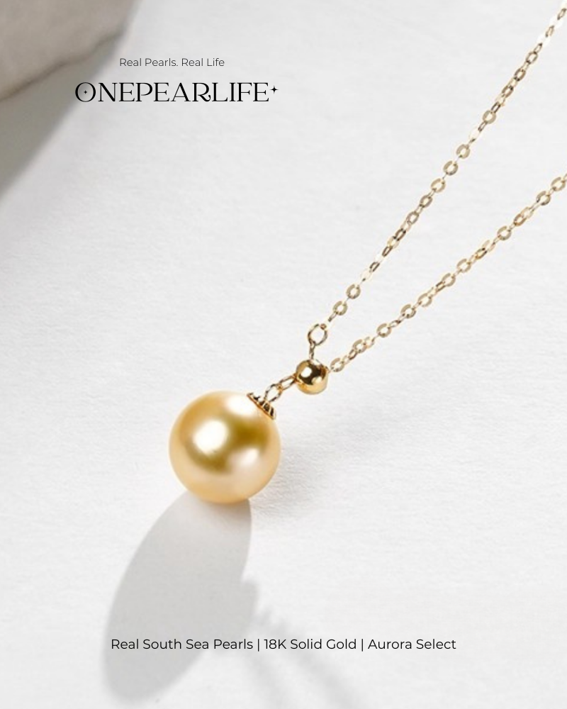 Solstice – Natural South Sea Golden Round Pearl Pendant Necklace | 18K Gold | 9–9.5mm
