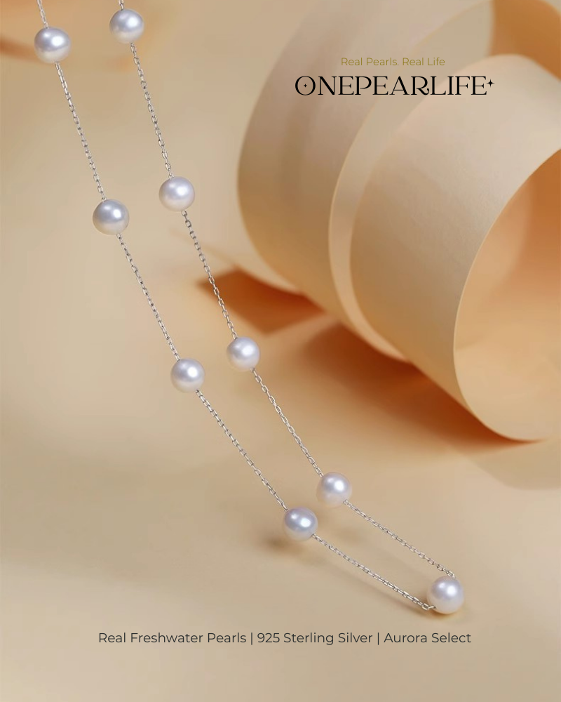 Stellara – AAA Quality White Aurora “Starry” Natural Freshwater Pearl Necklace | 6–6.5mm | 925 Sterling Silver