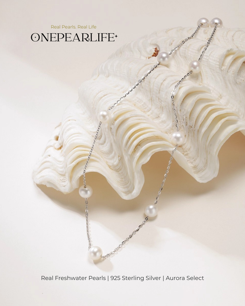 Stellara – AAA Quality White Aurora “Starry” Natural Freshwater Pearl Necklace | 6–6.5mm | 925 Sterling Silver