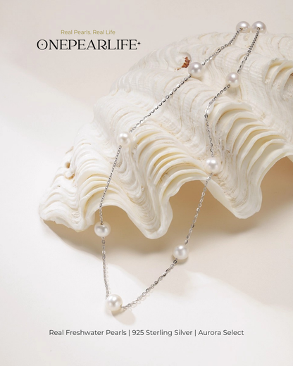 Stellara – AAA Quality White Aurora “Starry” Natural Freshwater Pearl Necklace | 6–6.5mm | 925 Sterling Silver