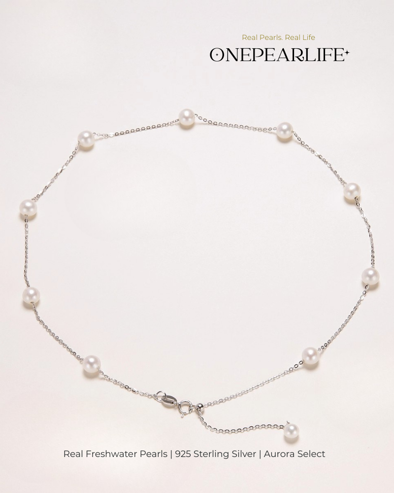 Stellara – AAA Quality White Aurora “Starry” Natural Freshwater Pearl Necklace | 6–6.5mm | 925 Sterling Silver
