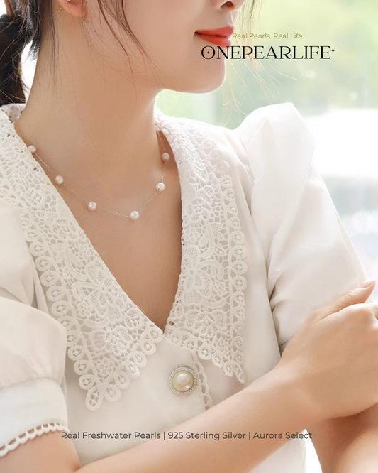 Stellara – AAA Quality White Aurora “Starry” Natural Freshwater Pearl Necklace | 6–6.5mm | 925 Sterling Silver